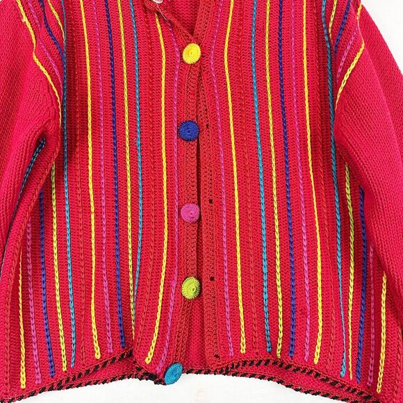Lisa International Vibrant Red Cardigan with Colorful Stripes - Picture 3 of 5